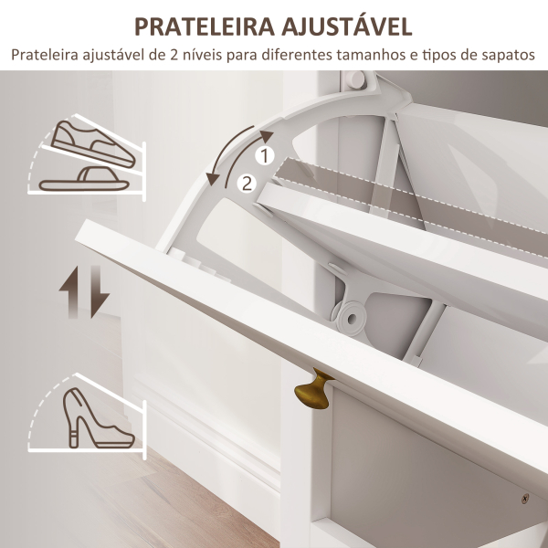 HOMCOM Móvel Sapateira Estilo Francês Sapateira com 2 Gavetas Prateleiras Ajustáveis para 16 Pares de Sapato 84x29x109 cm Branco - Image 5
