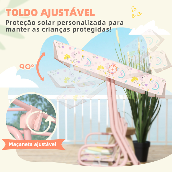 AIYAPLAY Baloiço de Jardim para Crianças com 2 Lugares Toldo Ajustável Cinto de Segurança e Desenho de Borboletas 112x75x120 cm Rosa - Image 5