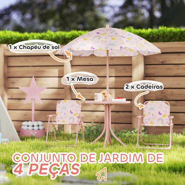 AIYAPLAY Conjunto de Mesa e Cadeiras para Crianças de Jardim com Cadeiras Dobráveis Chapéu de Sol Ajustável e Desenho de Raposas Rosa - Image 4