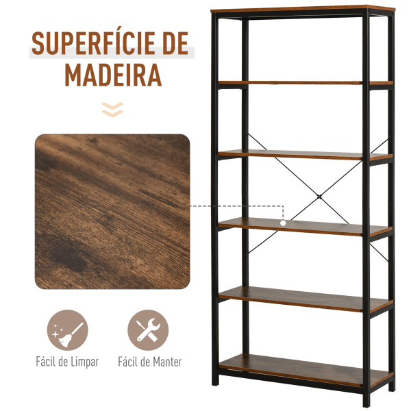 HOMCOM Estante estilo industrial com 6 prateleiras abertas para sala de estar Escritório 80x30x180 cm Castanho Rústico - Image 4