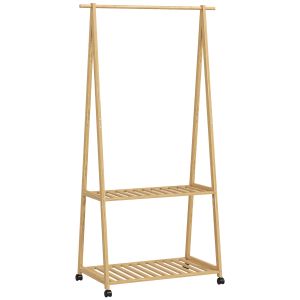 HOMCOM Charriot de Bambu para Roupa Charriot para Roupa com Rodas 2 Prateleiras Abertas e 2 Ganchos 84,5x43,5x158 cm Madeira