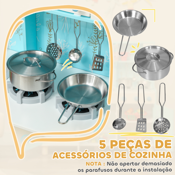 AIYAPLAY Cozinha de Madeira para Crianças com Sons Fogão Forno Micro-Ondas Máquina de Gelo e Acessórios 90x33,3x91,6 cm Azul - Image 7