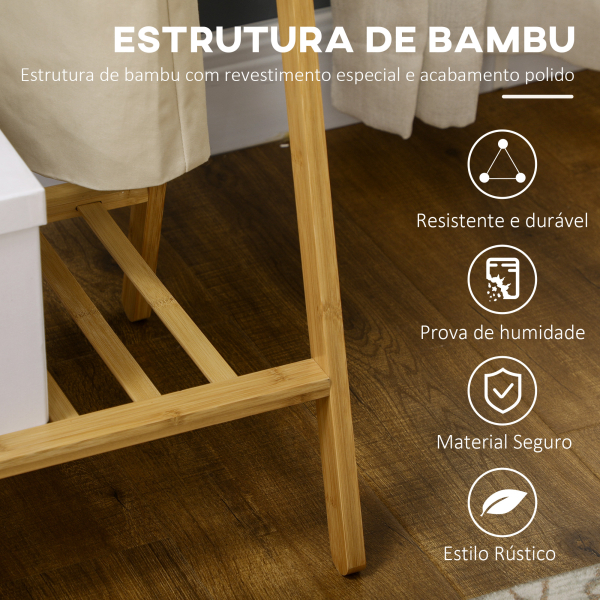 HOMCOM Suporte para Cabides de Bambu com Prateleira para Sapatos 2 Barras e 2 Ganchos 74x42x150 cm Madeira - Image 5