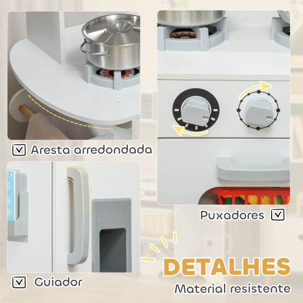 AIYAPLAY Cozinha de Madeira para Crianças com Fogão Lavatório Micro-Ondas Relógio Máquina de Gelo e Acessórios 100,5x41x110 cm Brancp - Image 6