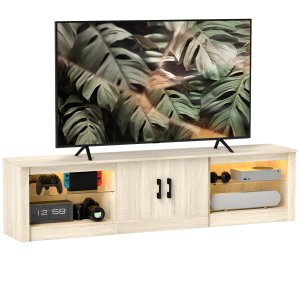 HOMCOM Móvel de TV Moderno com Luzes RGB 2 Orifícios para Cabos para Televisores de até 75 Polegadas 180x35x45 cm Madeira