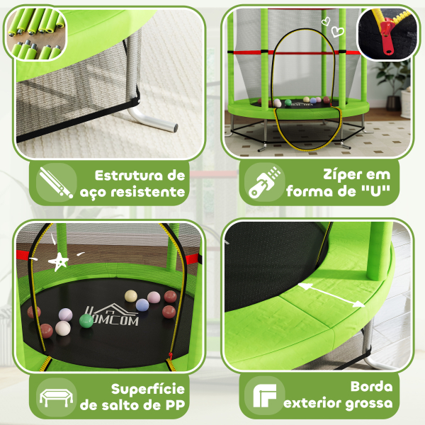 HOMCOM Trampolim Infantil Ø140x190 cm Trampolim para Crianças de 3-6 Anos com Rede de Segurança Carga 45 kg para Interior Verde - Image 5