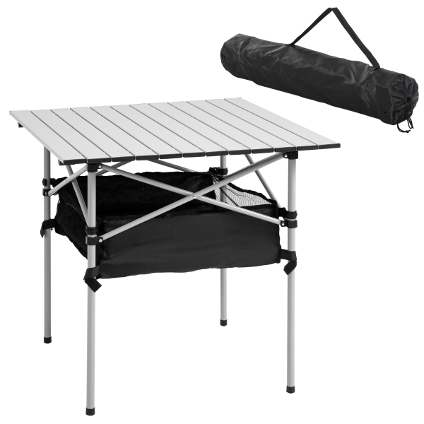 Outsunny Mesa Dobrável de Campismo Mesa de Piquenique com Armazenamento e Bolsa de Transporte 70x70x69 cm Prata e Preto