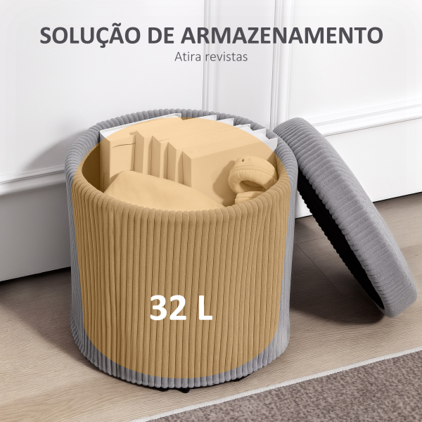HOMCOM Puff de Arrumação Baú de Arrumação Redondo Estofado em Veludo Cotelê  Tampa Removível Ø40x41 cm Cinza Claro - Image 6