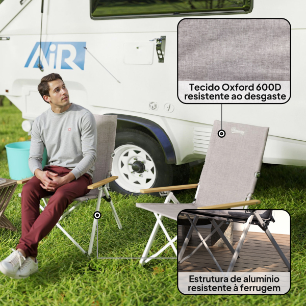 Outsunny 2 Cadeiras de Campismo Dobráveis com Encosto Alto Ajustável Apoios de Braços de Madeira e Bolsa de Transporte 59x67x96 cm Cinzento - Image 5
