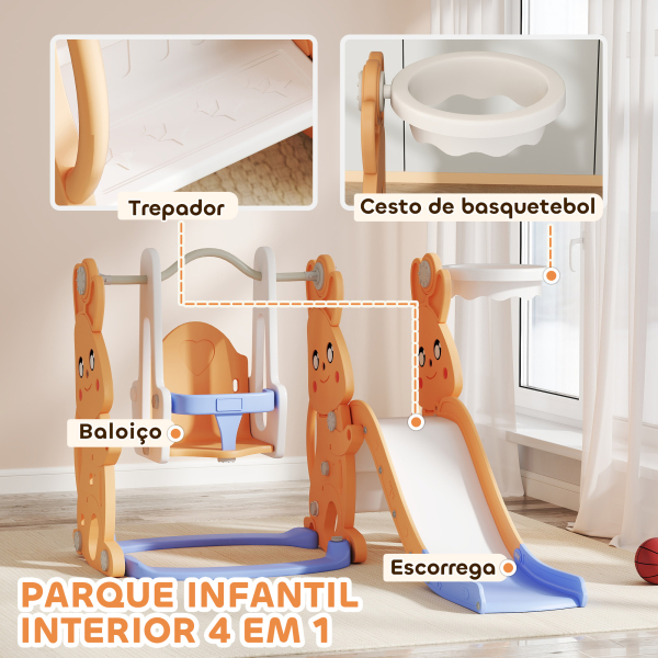 AIYAPLAY Escorrega Infantil 4 em 1 Baloiço e Escorrega Escalador Tabela de Basquetebol Temática de Coelho 147,5x160x107 cm Laranja - Image 4