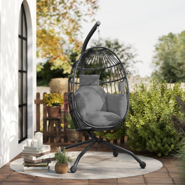 Outsunny Cadeira Suspensa com Suporte Cadeira Baloiço de Jardim com Cesto Dobrável Almofada e Apoio para a Cabeça 120x88x192 cm Preto - Image 9