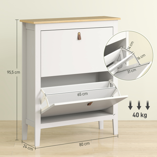 HOMCOM Sapateira Estreita com 2 Gavetas Prateleiras Ajustáveis e Puxadores em PU para 14 Pares de Sapatos 80x24x95,5 cm Branco - Image 3