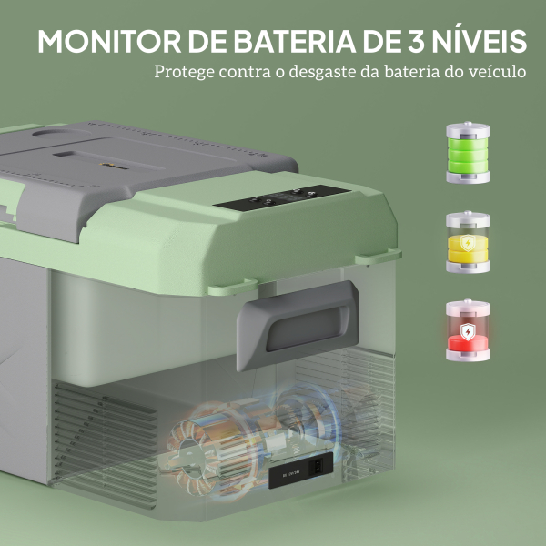 Outsunny Geleira Portátil Elétrica 17,5L -20℃ a +20 ℃ 12V/24V Mini Geleira com Rodas Compressor e Ecrã LED Tátil 61x34x32,4 cm Cinza e Verde - Image 6