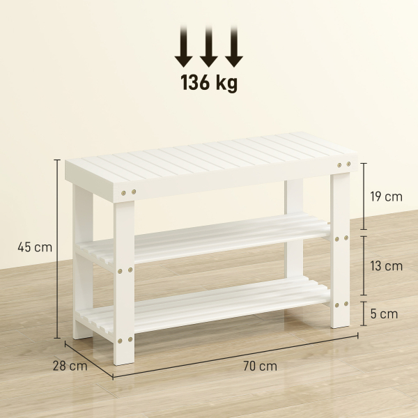 HOMCOM Banco Sapateira de Bambu Organizador de Sapatos com 2 Prateleiras para 6-9 Pares de Sapatos 70x28x45 cm Branco - Image 3