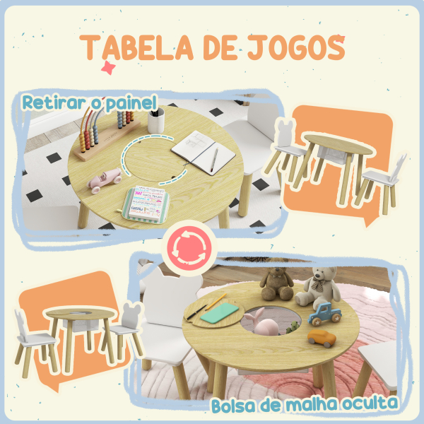 AIYAPLAY Mesa Infantil com 2 Cadeiras com Espaço de Arrumação para Crianças de 3-6 Anos para Sala de Jogos Dormitório Madeira e Branco - Image 5