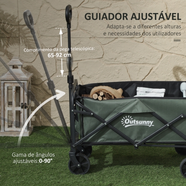 Outsunny Carrinho de Transporte com Rodas Carrinho de Jardim Dobrável com Puxador Telescópico Ajustável Porta Traseira Expansível 114x46x65-92 cm Verde - Image 8