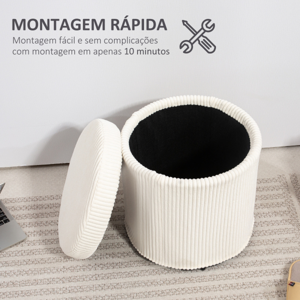 HOMCOM Puff de Arrumação Baú de Arrumação Redondo Estofado em Veludo Cotelê  Tampa Removível Ø40x41 cm Creme - Image 7