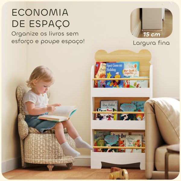 AIYAPLAY Estante Infantil de 3 Níveis Estante para Livros Infantil Desenho de Ursinho 55x15x110 cm Branco e Madeira - Image 6