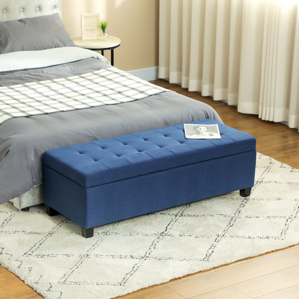 HOMCOM Banco de Armazenamento Acolchoado Banco Estofado em Linho Tampa com Abertura  125x49x41,5 cm Azul Escuro - Image 2