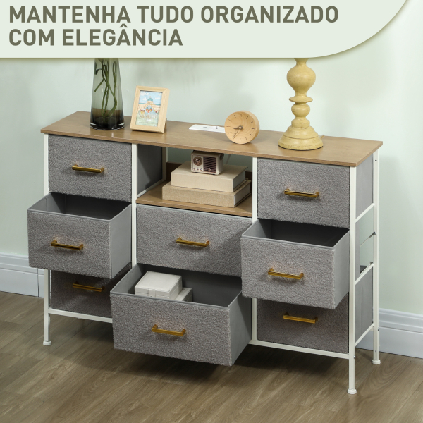 HOMCOM Cómoda com 8 Gavetas Estofada em Borreguito com Estação de Carga Porta USB Tipo-C e Estrutura de Aço 110x30x76 cm Cinzento - Image 6