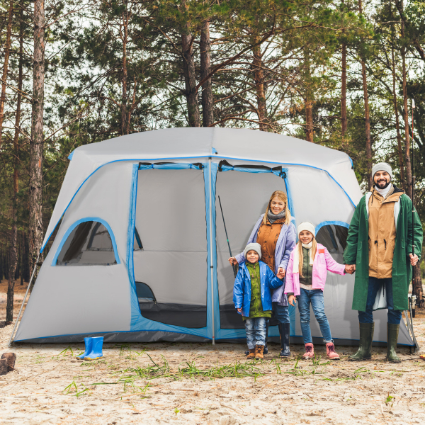 Outsunny Tenda de Campismo Familiar para 4-8 Pessoas com 2 Quartos 2 Bolsos e Janelas com Malha Impermeável 400x275x210 cm Cinza - Image 2