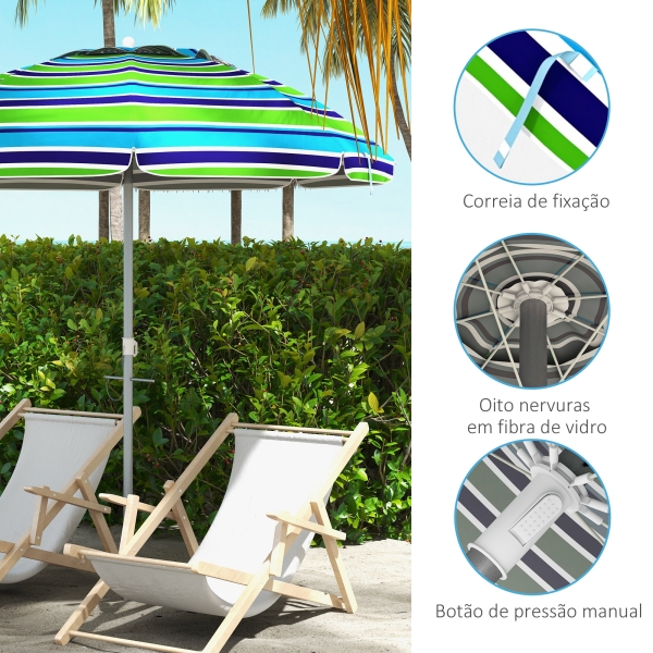 Outsunny Chapéu de Sol de Praia Ø178x205 cm com Inclinação de 45° e Altura Ajustável Abertura Manual Anti-UV Impermeável Multicolor - Image 8