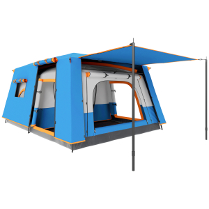 Outsunny Tenda de Campismo Familiar para 4-6 Pessoas com 2 Quartos Alpendre Impermeável 3000 mm Anti-UV 430x305x195 cm Azul