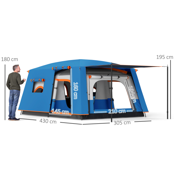 Outsunny Tenda de Campismo Familiar para 4-6 Pessoas com 2 Quartos Alpendre Impermeável 3000 mm Anti-UV 430x305x195 cm Azul - Image 3