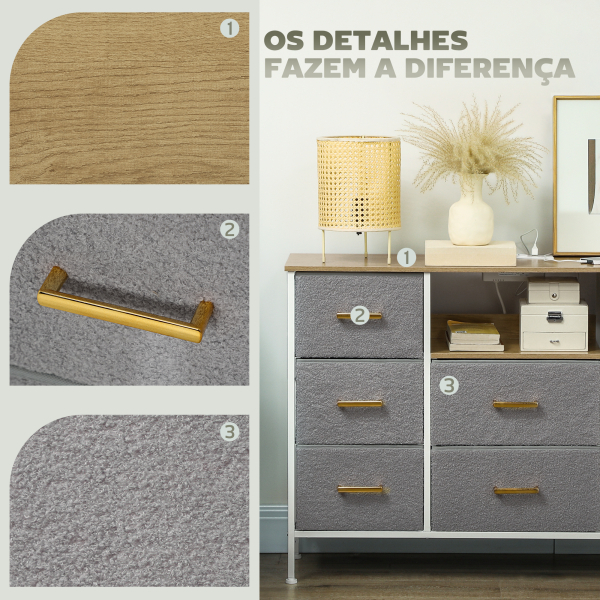 HOMCOM Cómoda com 8 Gavetas Estofada em Borreguito com Estação de Carga Porta USB Tipo-C e Estrutura de Aço 110x30x76 cm Cinzento - Image 5