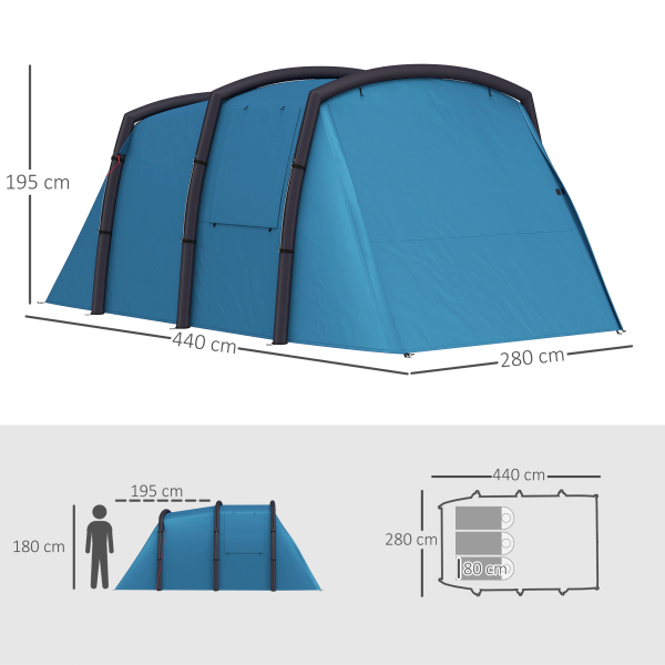 Outsunny Tenda de Campismo Inflável Familiar para 3-6 Pessoas Janelas de Malha e Bolsa de Transporte Proteção UV 50+ 440x280x195 cm Azul - Image 3
