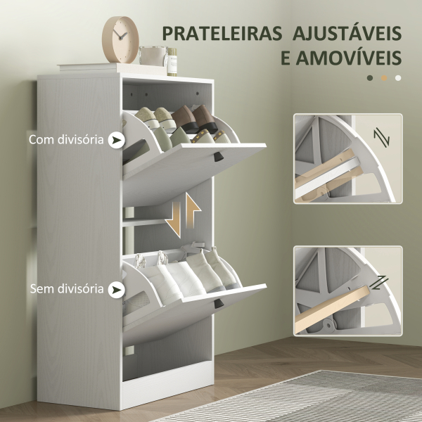HOMCOM Sapateira Estreita Móvel Sapateira com 2 Gavetas Abatíveis e Prateleiras Ajustáveis para 8 Pares de Sapatos 47x26x85 cm Branco - Image 5