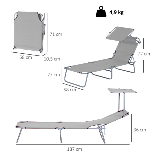 Outsunny Espreguiçadeira de Jardim Dobrável com Toldo Removível e Ajustável e Encosto Ajustável em 4 Posições  187x58x36 cm Cinza Claro - Image 3