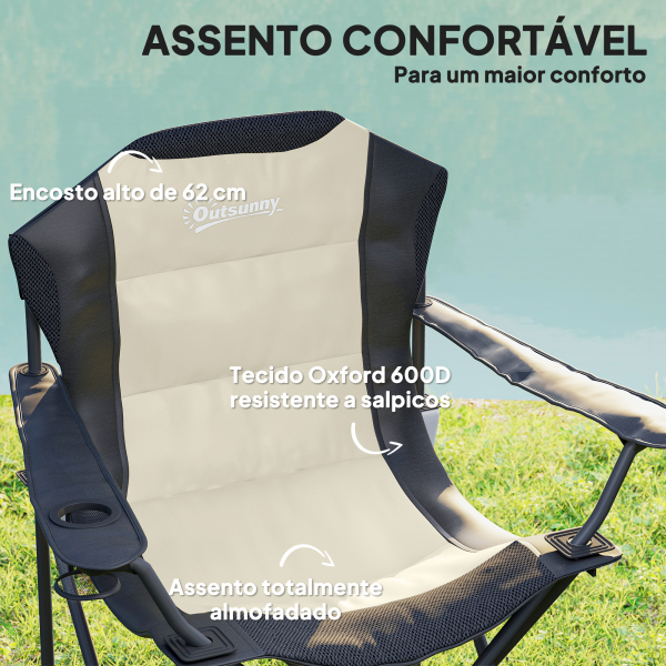Outsunny Conjunto de 2 Cadeiras Reclináveis de Campismo Portáteis com Porta-Copos e Bolsas de Transporte 59x82x109 cm  Bege e Preto - Image 4