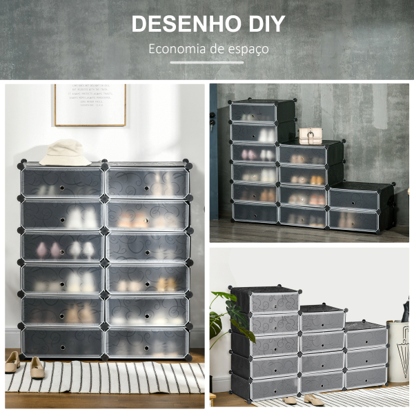 HOMCOM Sapateira Modular de Cubos de Plástico Armário Modular para Sapatos com 12 Cubos com Porta Desenho de DIY 94x37x108 cm Preto - Image 5