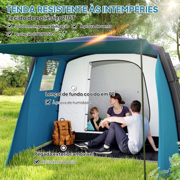 Outsunny Tenda de Campismo Inflável Familiar para 3-6 Pessoas Janelas de Malha e Bolsa de Transporte Proteção UV 50+ 440x280x195 cm Azul - Image 5