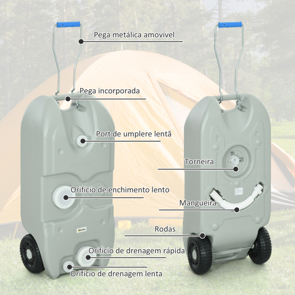 Outsunny Depósito de Água 40 L com Rodas Portátil com Pega Metálica e Torneira para Caravanas Autocaravanas Campismo ao Ar Livre 37x23x80 cm Cinzento - Image 4