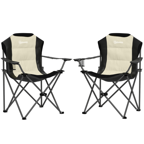 Outsunny Conjunto de 2 Cadeiras Reclináveis de Campismo Portáteis com Porta-Copos e Bolsas de Transporte 59x82x109 cm  Bege e Preto