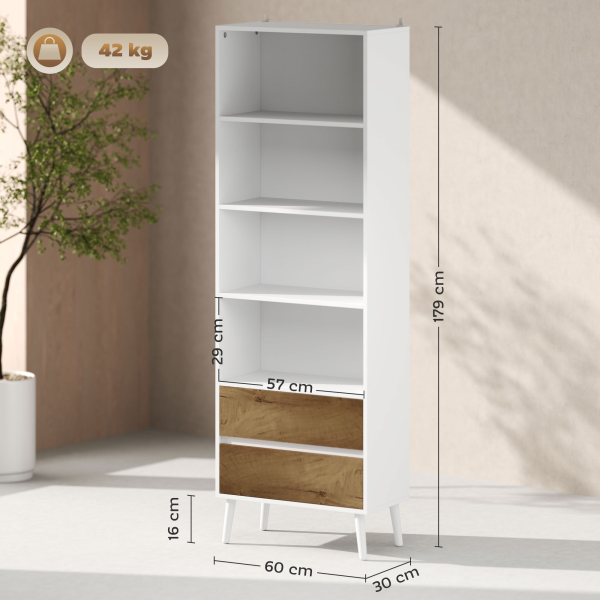 HOMCOM Estante para Livros de 6 Níveis com 2 Gavetas e 4 Prateleiras Abertas para Sala de Estar Escritório  60x30x179 cm Branco - Image 3