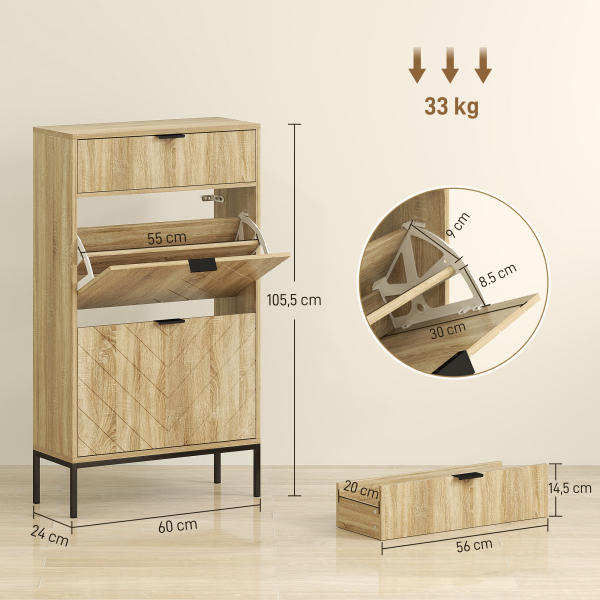 HOMCOM Sapateira Estreita com 2 Portas Gaveta e Prateleiras Ajustáveis para 8 Pares de Sapatos 60x24x105,5 cm Madeira - Image 3