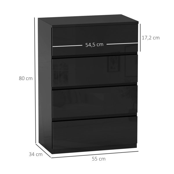HOMCOM Cómoda com 4 Gavetas de Madeira Cómoda de Dormitório Cómoda Branca para Sala de Estar Estilo Moderno 55x34x80 cm Preto - Image 3