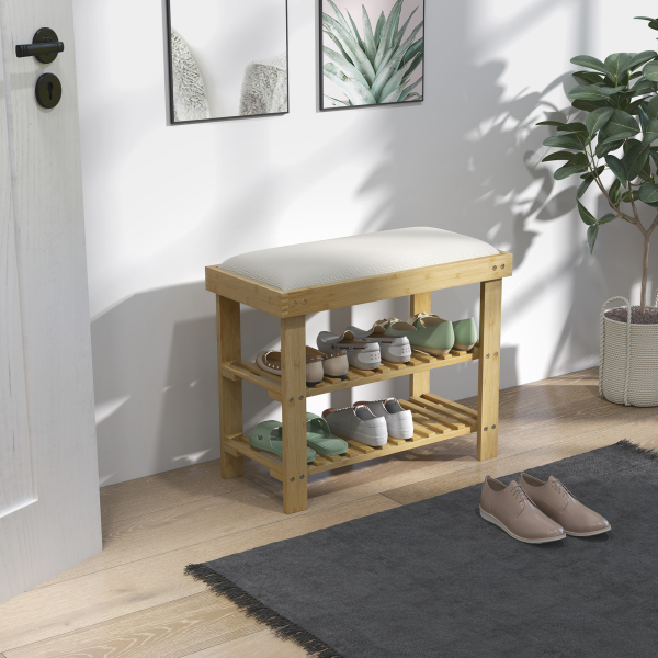 HOMCOM Banco Sapateira de Bambu Sapateira com Assento Almofadado 2 Prateleiras para 6 Pares de Sapatos 60x29x49 cm Madeira e Creme - Image 2