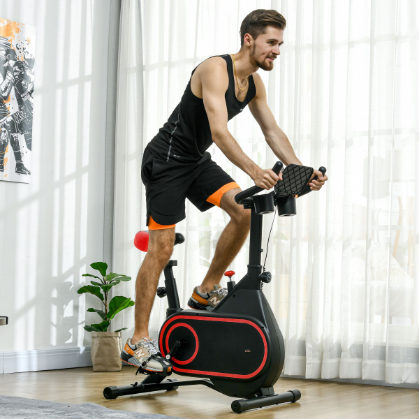 SPORTNOW Bicicleta Estática com Ecrã LCD Assento e Guiador Ajustáveis Volante 4 kg e Porta Garrafa  93x48,5x102-112 cm Vermelho - Image 2