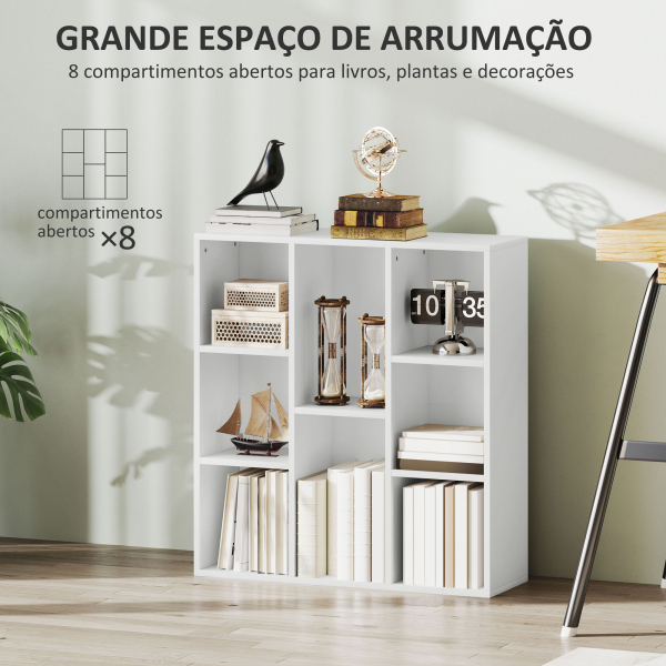 HOMCOM Estante de 3 Níveis Estante para Livros com 8 Compartimentos Desenho Vertical ou Horizontal 74,3x24x80 cm Branco - Image 4