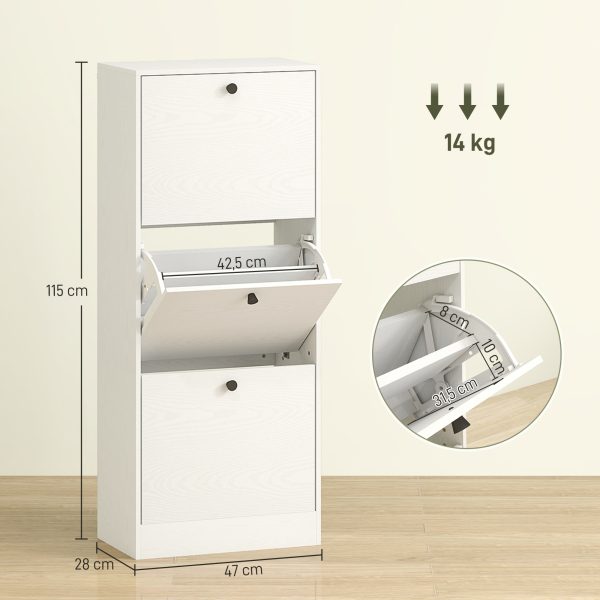 HOMCOM Sapateira Estreita com 3 Portas Sapateira para Entrada com Prateleiras Ajustáveis para 12 Pares de Sapatos 47x28x115 cm Branco - Image 3