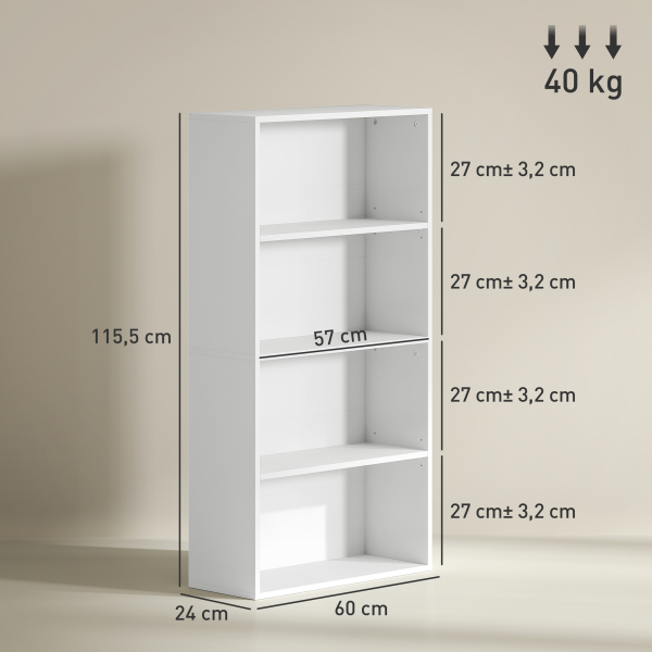 HOMCOM Estante de 4 Níveis Estante para Livros com 2 Prateleiras Ajustáveis para Sala de Estar Escritório Quarto 60x24x115,5 cm Branco - Image 3