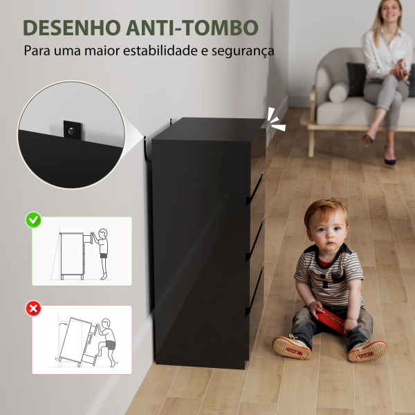HOMCOM Cómoda com 4 Gavetas de Madeira Cómoda de Dormitório Cómoda Branca para Sala de Estar Estilo Moderno 55x34x80 cm Preto - Image 7