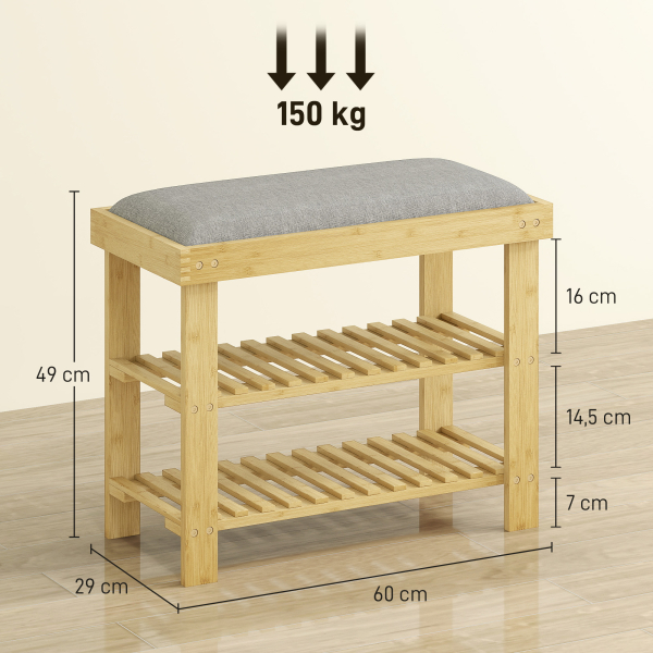 HOMCOM Banco Sapateira de Bambu Sapateira com Assento Almofadado 2 Prateleiras para 6 Pares de Sapatos 60x29x49 cm Madeira e Cinzento - Image 3