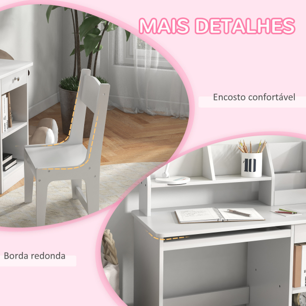 ZONEKIZ Conjunto de Secretária e Cadeira para Crianças com 2 Gavetas e Compartimento para Dormitório Sala de Estudo Branco - Image 7