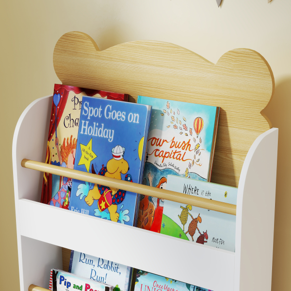 AIYAPLAY Estante Infantil de 3 Níveis Estante para Livros Infantil Desenho de Ursinho 55x15x110 cm Branco e Madeira - Image 9