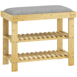HOMCOM Banco Sapateira de Bambu Sapateira com Assento Almofadado 2 Prateleiras para 6 Pares de Sapatos 60x29x49 cm Madeira e Cinzento